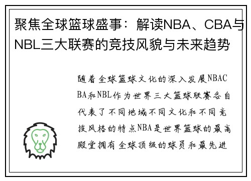聚焦全球篮球盛事：解读NBA、CBA与NBL三大联赛的竞技风貌与未来趋势